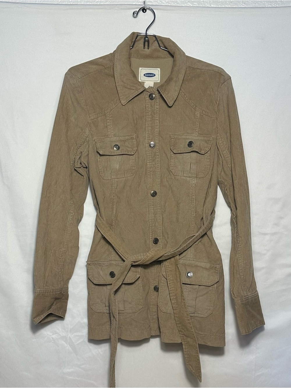 Vintage Old Navy Corduroy Field Jacket Size L - Tan Camel Belted Utility Cargo.